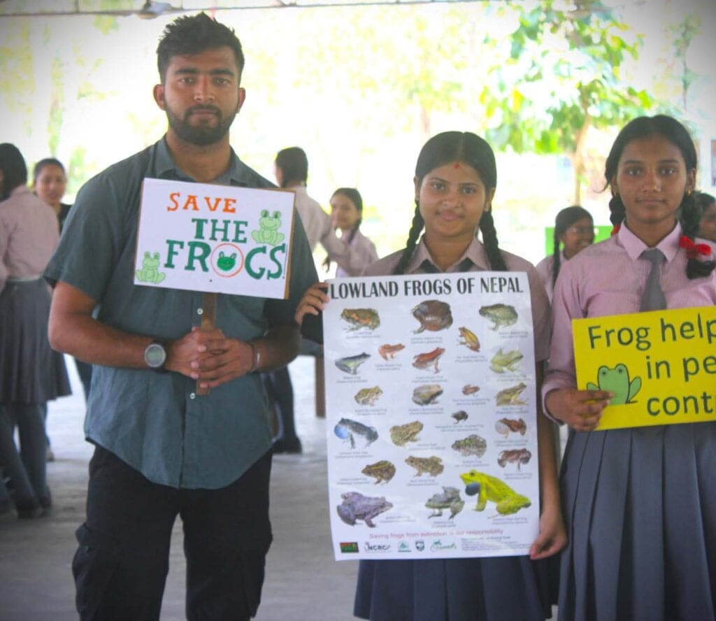 SAVE THE FROGS! Grant Recipient Bishal Prasad Neupane and students celebrating the 16th Annual Save The Frogs Day in Nepal.