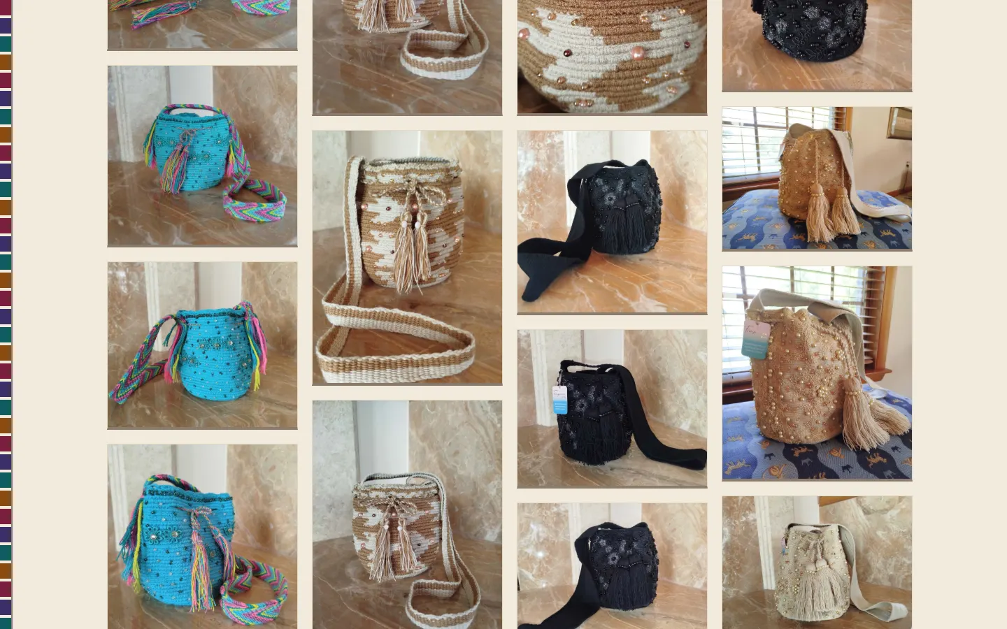 A collection page on the rebuilt site: Wayuu bags in turquoise, tan and black shown in four columns of photographs packed tightly together