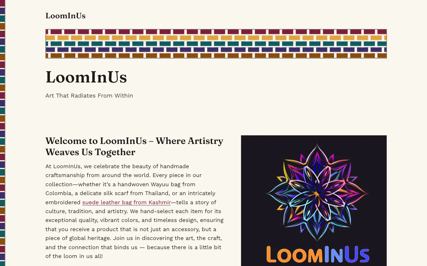 The rebuilt LoomInUs home page: a woven band of magenta, gold, teal, indigo and brown drawn above the shop name and its welcome text