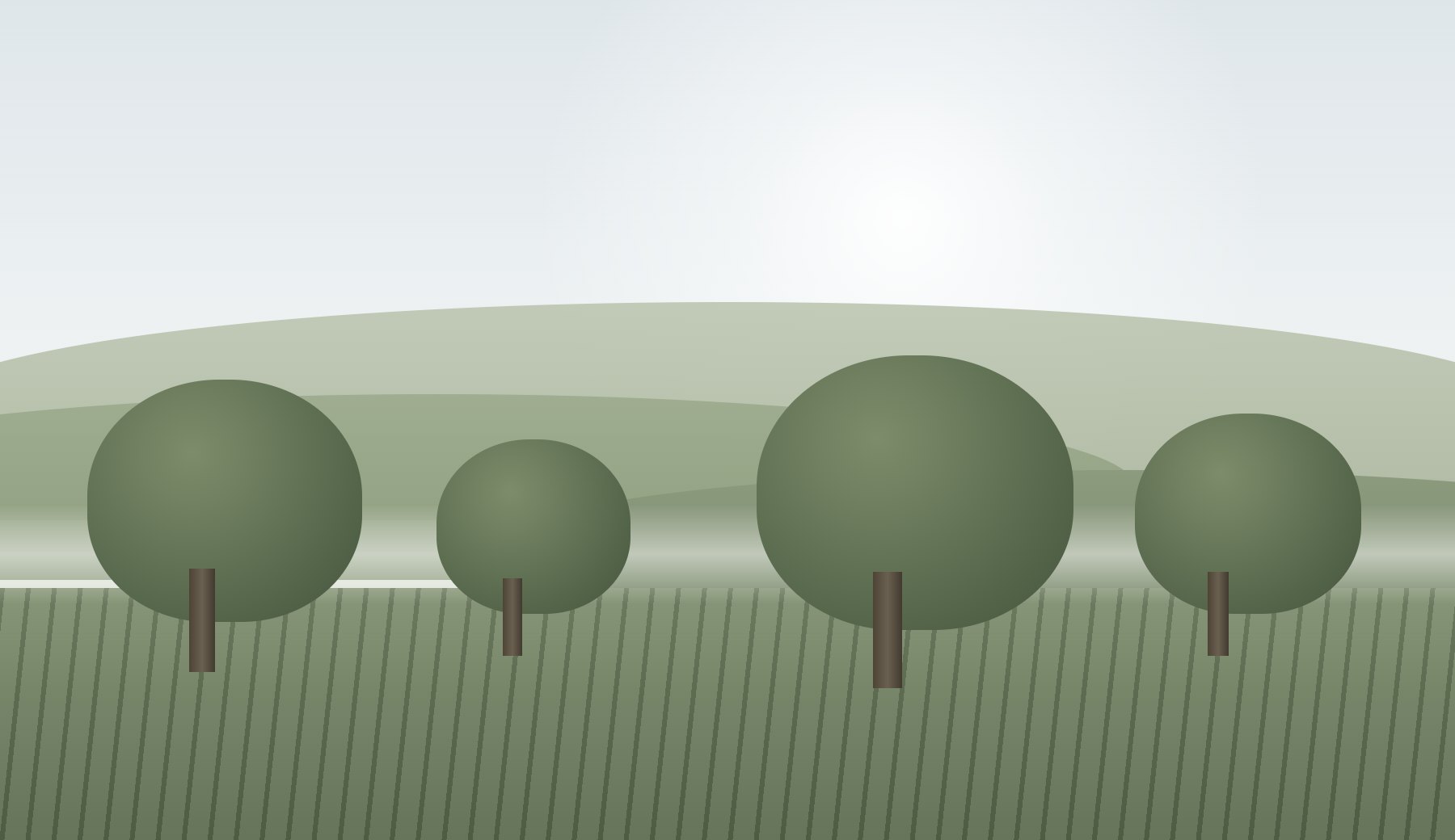 A tonal study of an orchard at first light — low sun behind four trees, ploughed rows in the foreground — reproduced through a halftone dot screen.