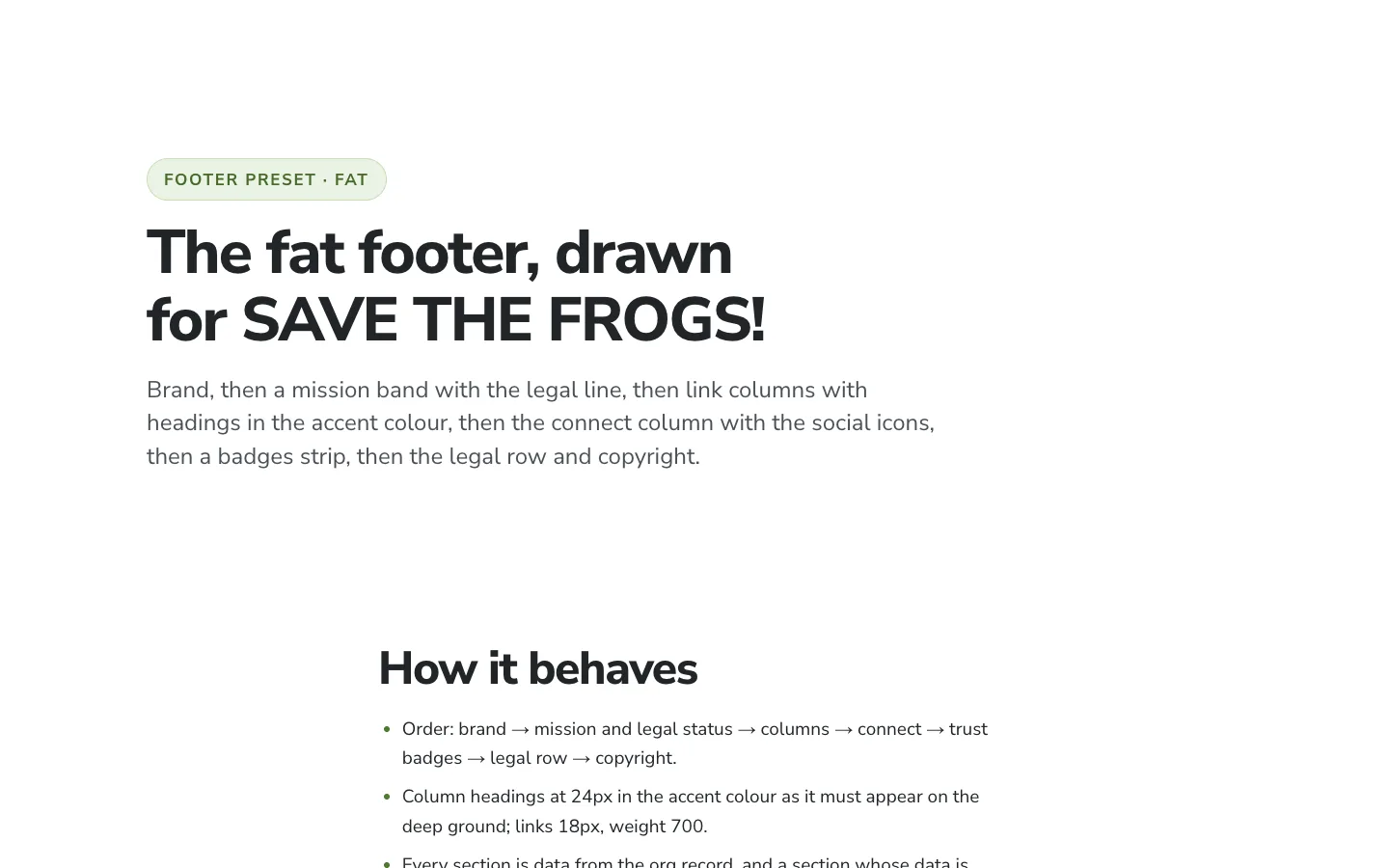 Screenshot of the fat footer footer drawn for SAVE THE FROGS!