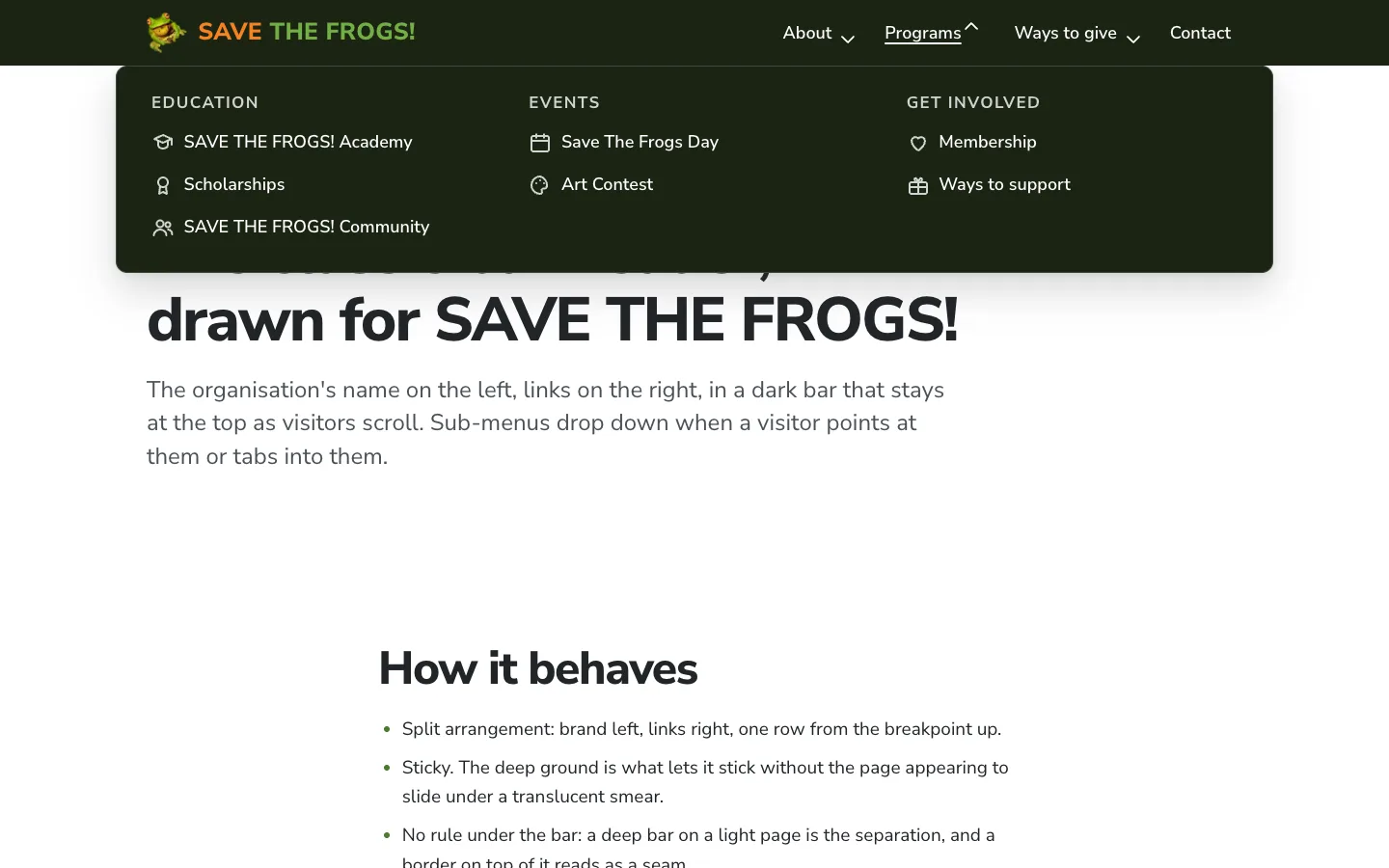 Screenshot of the classic bar header drawn for SAVE THE FROGS!