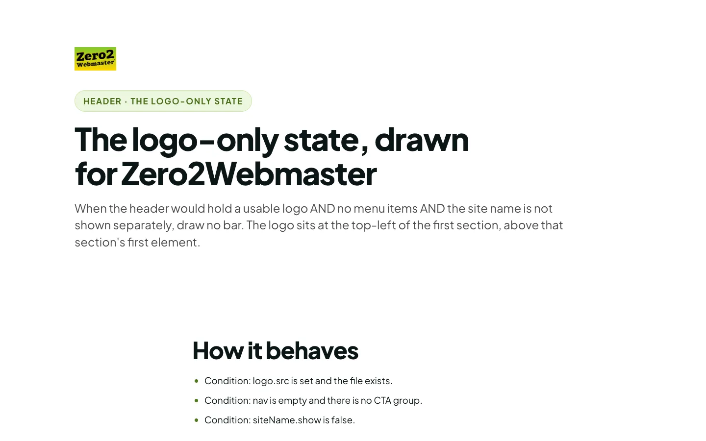 Screenshot of a page with no header bar: the Zero2Webmaster wordmark sits at the top-left of the first section