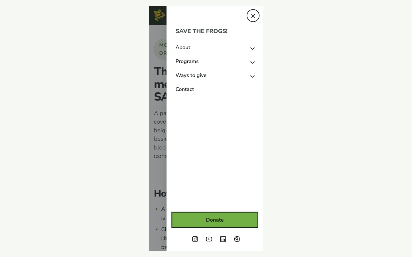 Screenshot of the drawer mobile menu drawn for SAVE THE FROGS!