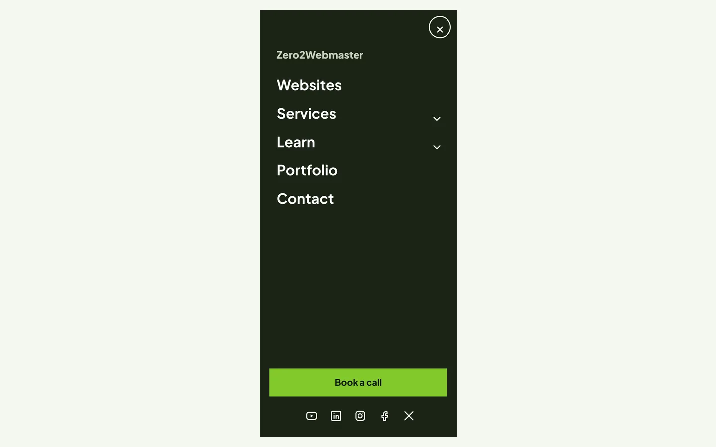 Screenshot of the full screen mobile menu drawn for SAVE THE FROGS!