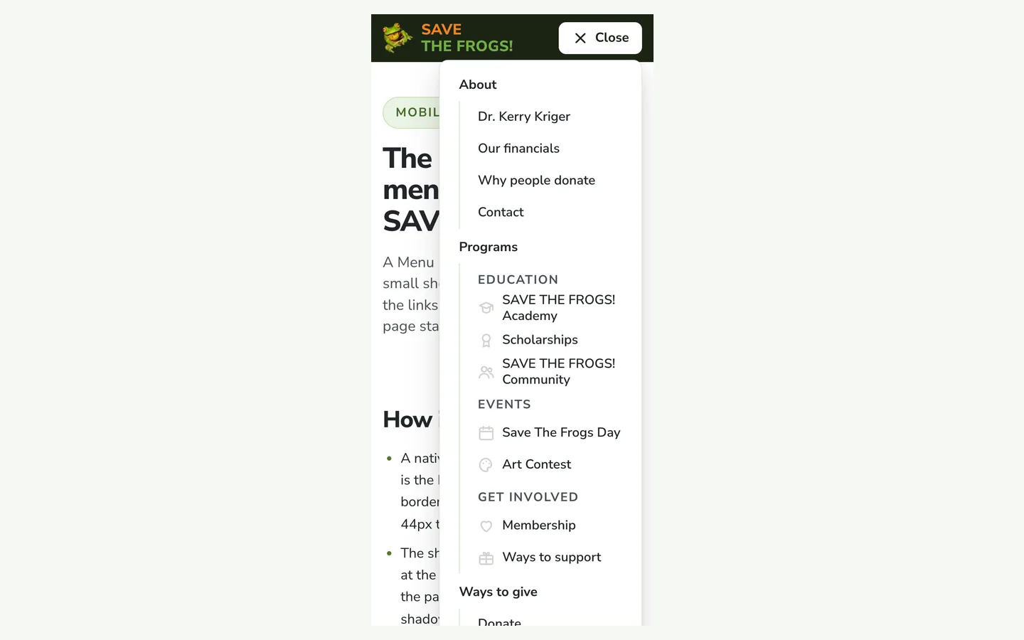 Screenshot of the sheet mobile menu drawn for SAVE THE FROGS!