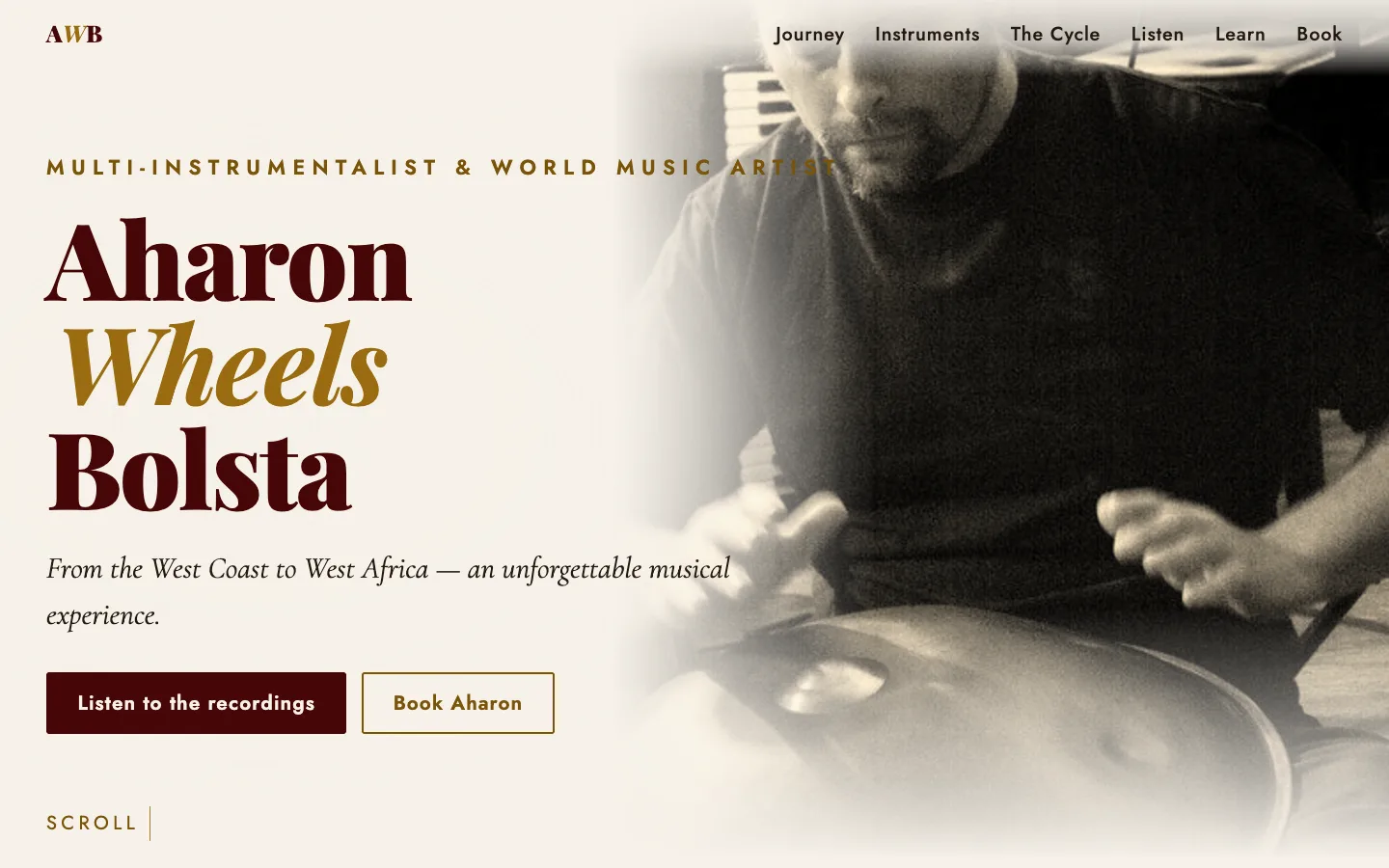 Screenshot of the Aharon Wheels Bolsta page — a sepia photograph of the artist playing handpan dissolving into cream paper beside his name in large serif type