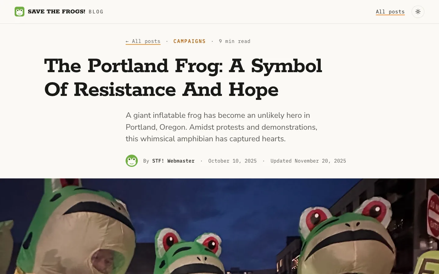 Screenshot of the SAVE THE FROGS! Blog demonstration post — a two-line Rokkitt slab headline over a warm off-white reading page, with a muted deck and a mono byline row