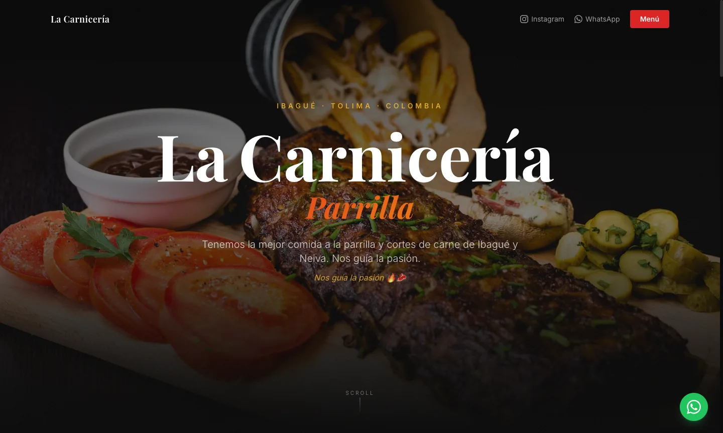 Screenshot of the La Carnicería Parrilla landing page — dark restaurant hero with glowing typography