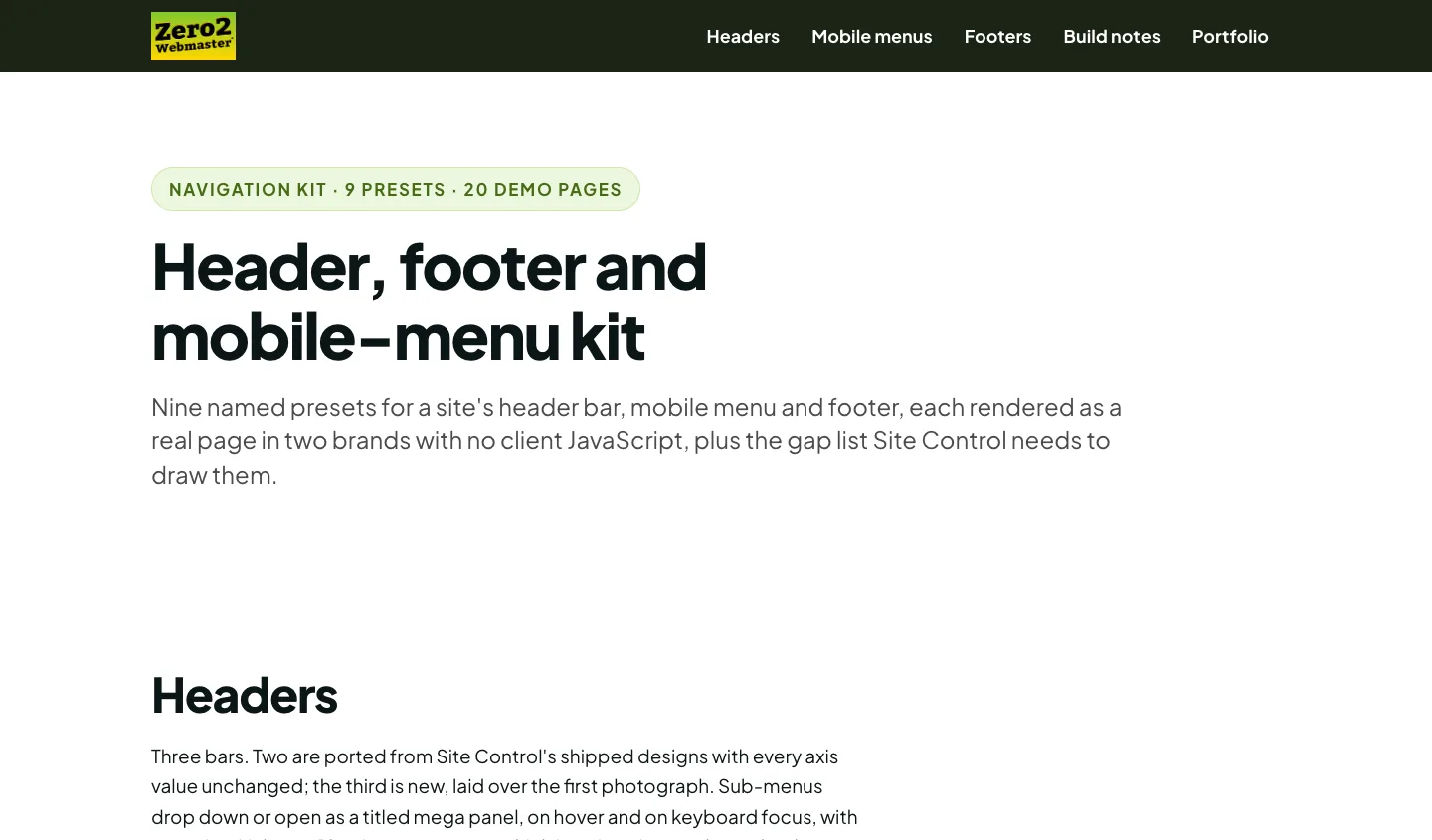 Screenshot of the navigation kit index: a dark Zero2Webmaster bar over the heading “Header, footer and mobile-menu kit”, above a row of cards showing the classic bar, centered and overlay header presets