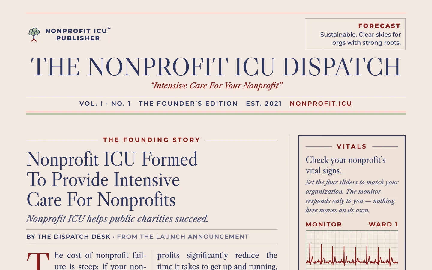 Screenshot of The Nonprofit ICU Dispatch — a newspaper broadsheet front page with a fat Caslon nameplate, multi-column lead story, and a boxed ECG vitals monitor