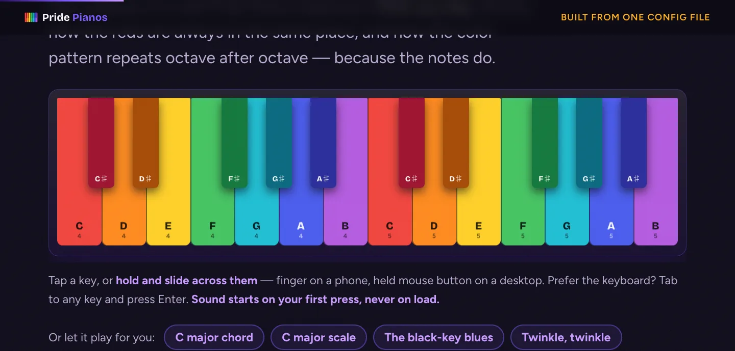 Screenshot of the Pride Pianos page — a two-octave piano keyboard with every key a different color, red through violet, each sharp a deeper shade of its natural