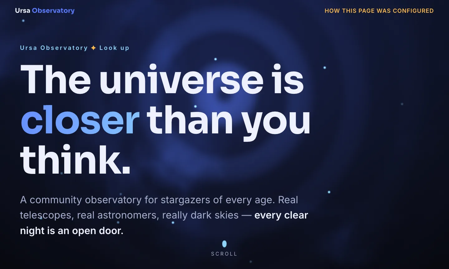 Screenshot of the Ursa Observatory sample page — dark indigo hero with an aurora shader