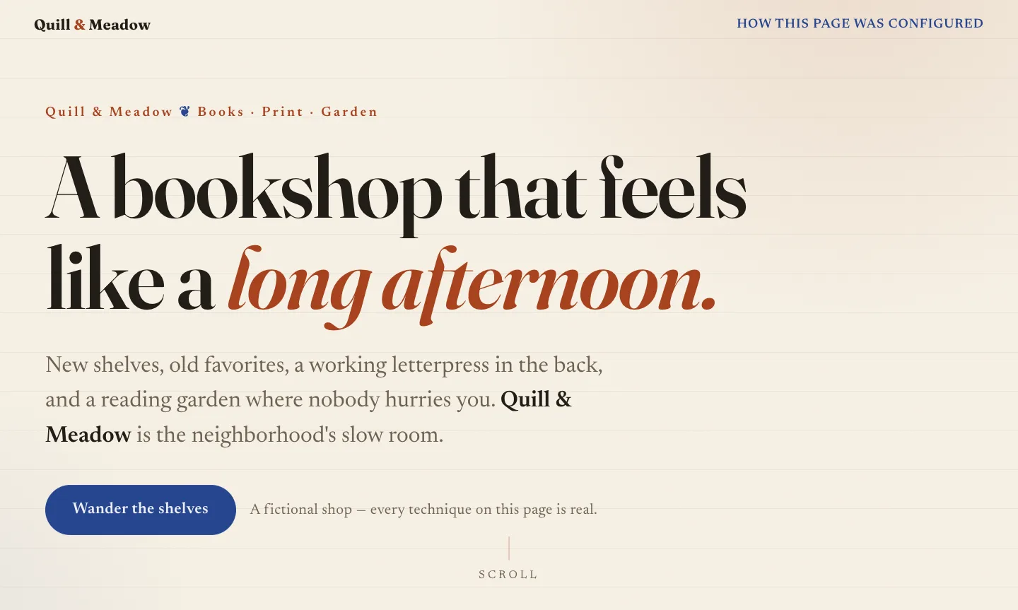 Screenshot of the Quill & Meadow sample page — cream paper hero with large serif editorial type
