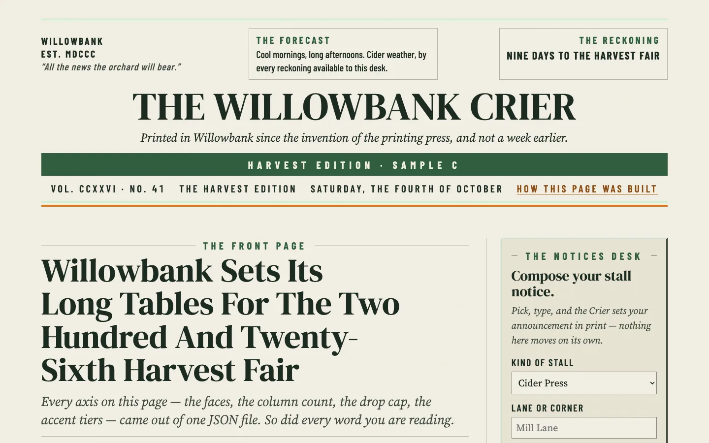 Screenshot of The Willowbank Crier sample page — a pale-straw newspaper front page with a fat serif nameplate, a green edition banner and three justified columns