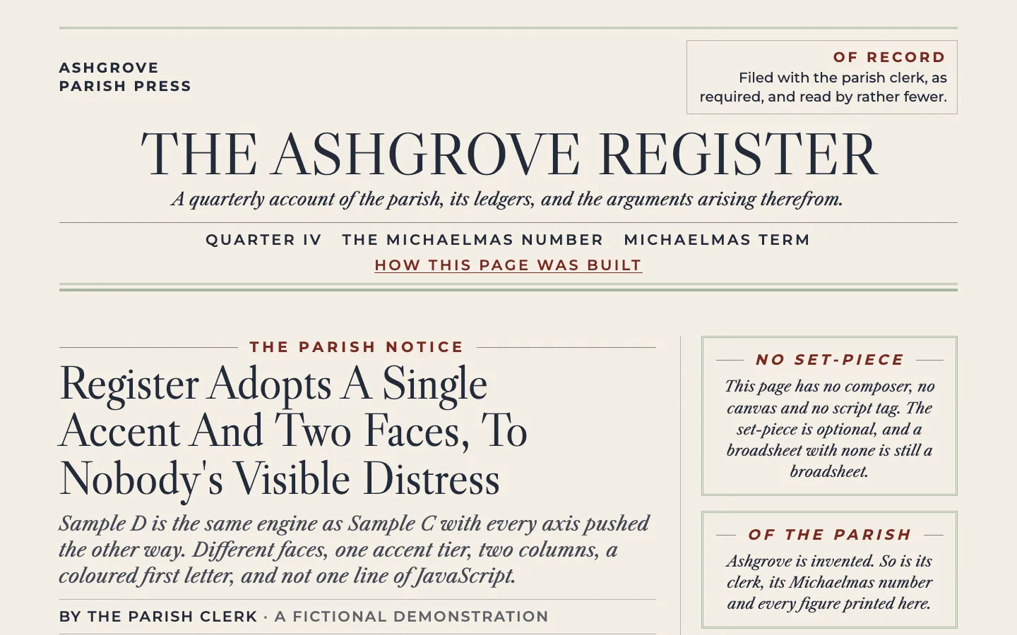 Screenshot of The Ashgrove Register sample page — an off-white newspaper front page with a Caslon nameplate, a single oxblood accent and two justified columns