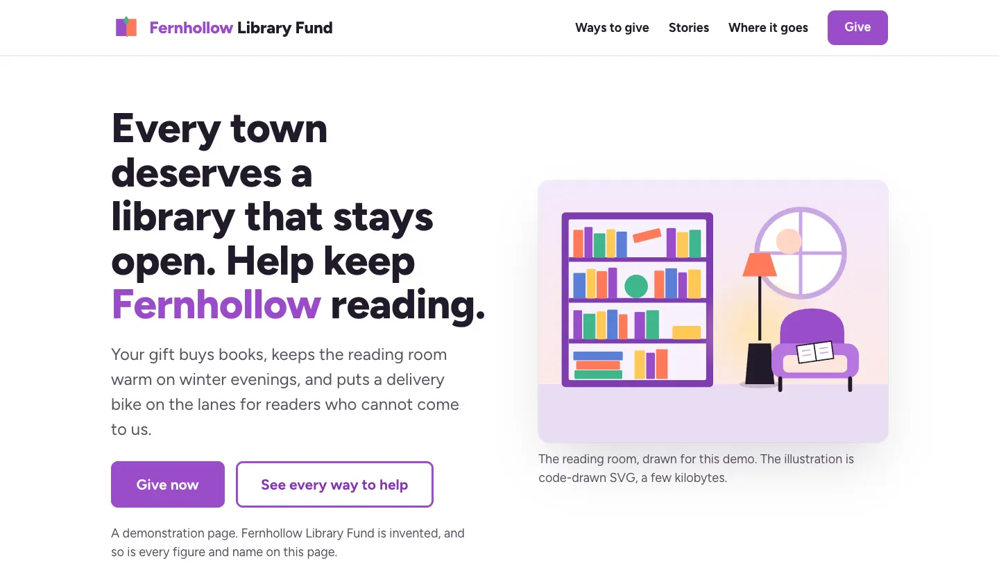 Screenshot of the Fernhollow Library Fund sample page — a white page with a purple wordmark and navigation, the headline “Every town deserves a library that stays open. Help keep Fernhollow reading.” with Fernhollow in purple, two buttons, and an illustrated reading room of coloured bookshelves, a lamp and an armchair