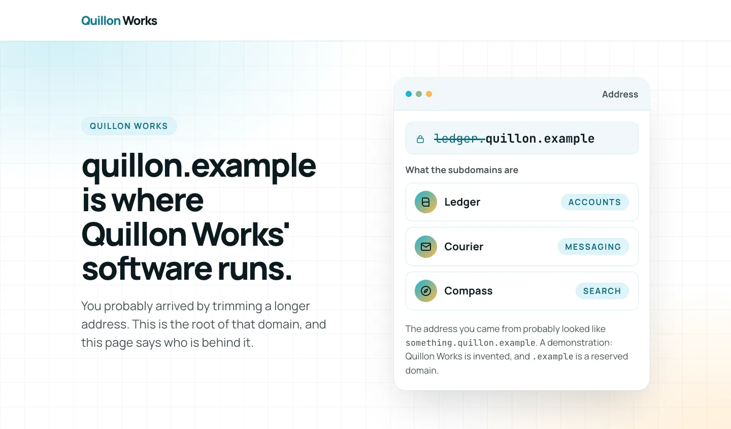 Screenshot of the Quillon Works sample page — a white page over a faint graph-paper grid with a cyan wash, the headline “quillon.example is where Quillon Works' software runs.” beside a drawn browser window whose address bar strikes through “ledger.” to leave “quillon.example”, above three rows naming Ledger, Courier and Compass