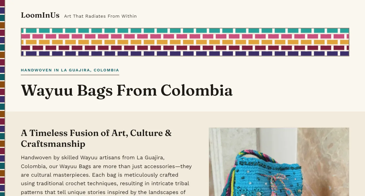 Screenshot of the Selvedge Wayuu Bags page — a code-drawn woven swatch masthead above a turquoise handwoven mochila bag and warm linen bands
