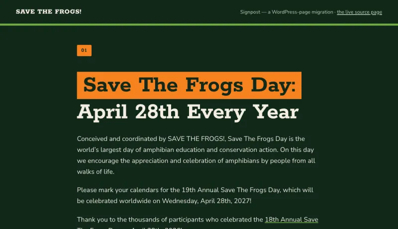 Screenshot of the migrated Save The Frogs Day page — deep forest-green signage plate, cream slab headline reading April 28th Every Year, and a live countdown