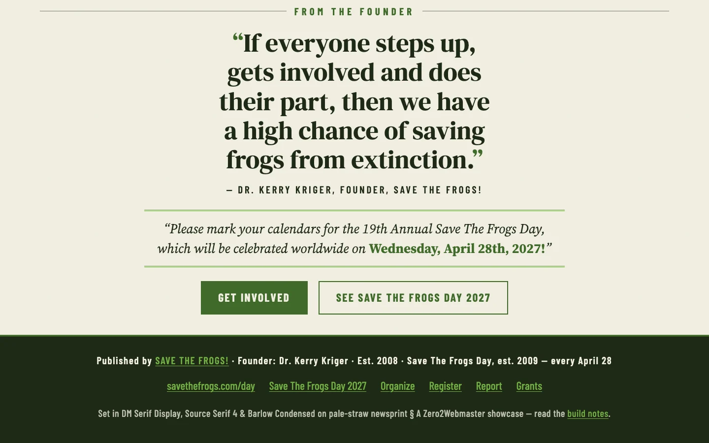 Screenshot of The SAVE THE FROGS! Bulletin — a newspaper broadsheet masthead in DM Serif Display over a green Special Edition banner and a multi-column front page for Save The Frogs Day 2027
