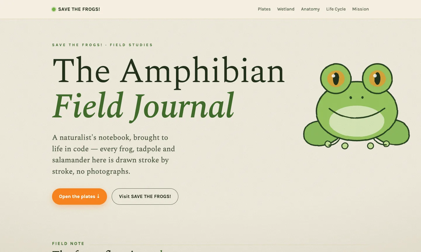Screenshot of the Amphibian Field Journal — ivory paper with hand-drawn-style SVG amphibians and serif type