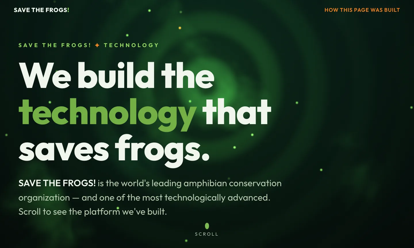 Screenshot of the SAVE THE FROGS! Technology page — 'We build the technology that saves frogs' over a bioluminescent green shader pond