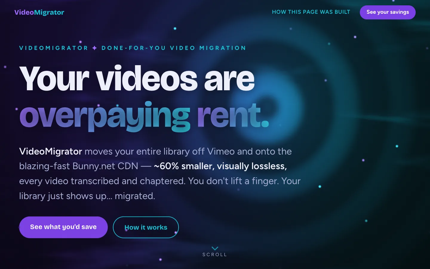 Screenshot of the VideoMigrator page — the headline 'Your videos are overpaying rent.' in huge type over a dark purple-to-cyan WebGL flow field