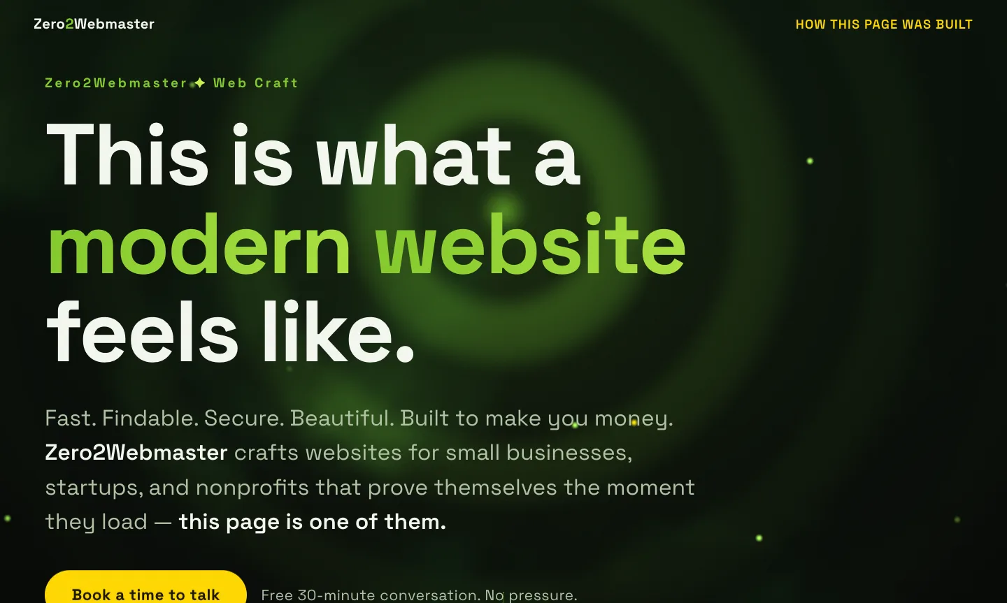 Screenshot of the Zero2Webmaster Web Craft page — 'This is what a modern website feels like' over a green aurora shader