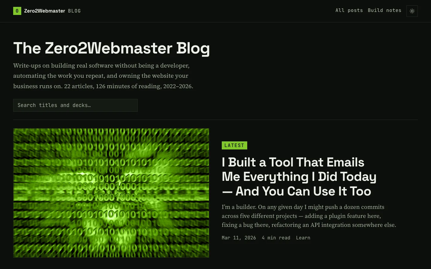 Screenshot of the Zero2Webmaster Blog archive — a dense sortable table of 22 articles on a near-black ground, with year bands in mono and a duotone-green lead post above it